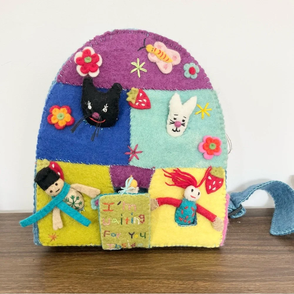 Handmade Felt Patchwork Backpack with Fun Characters and Hidden Angel Blue Rare